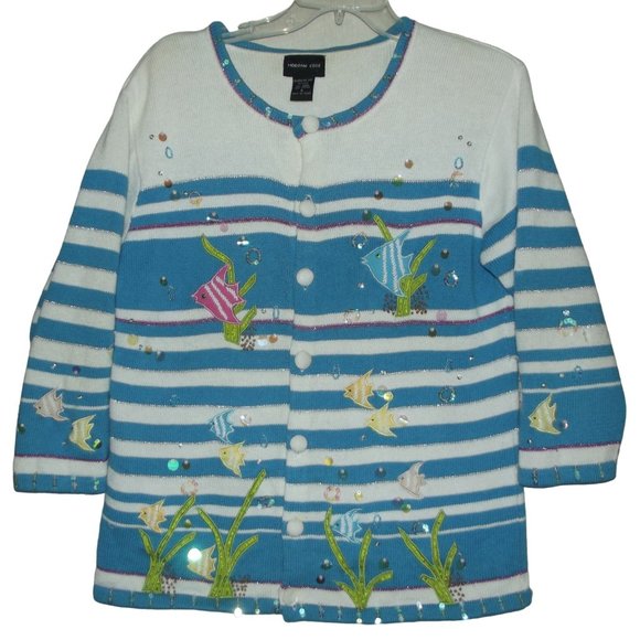 Striped Blue and White Sweater with Fish Embroidery - Picture 6 of 12